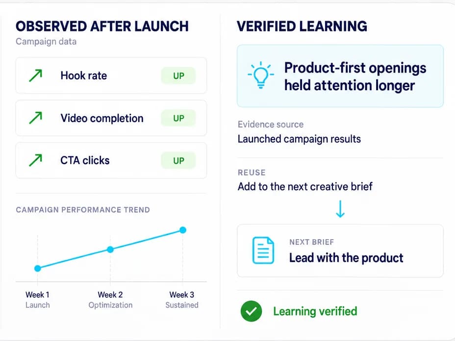 Illustrative campaign performance view separating observed hook rate, video completion, and CTA clicks from a human-verified learning reused in the next brief.