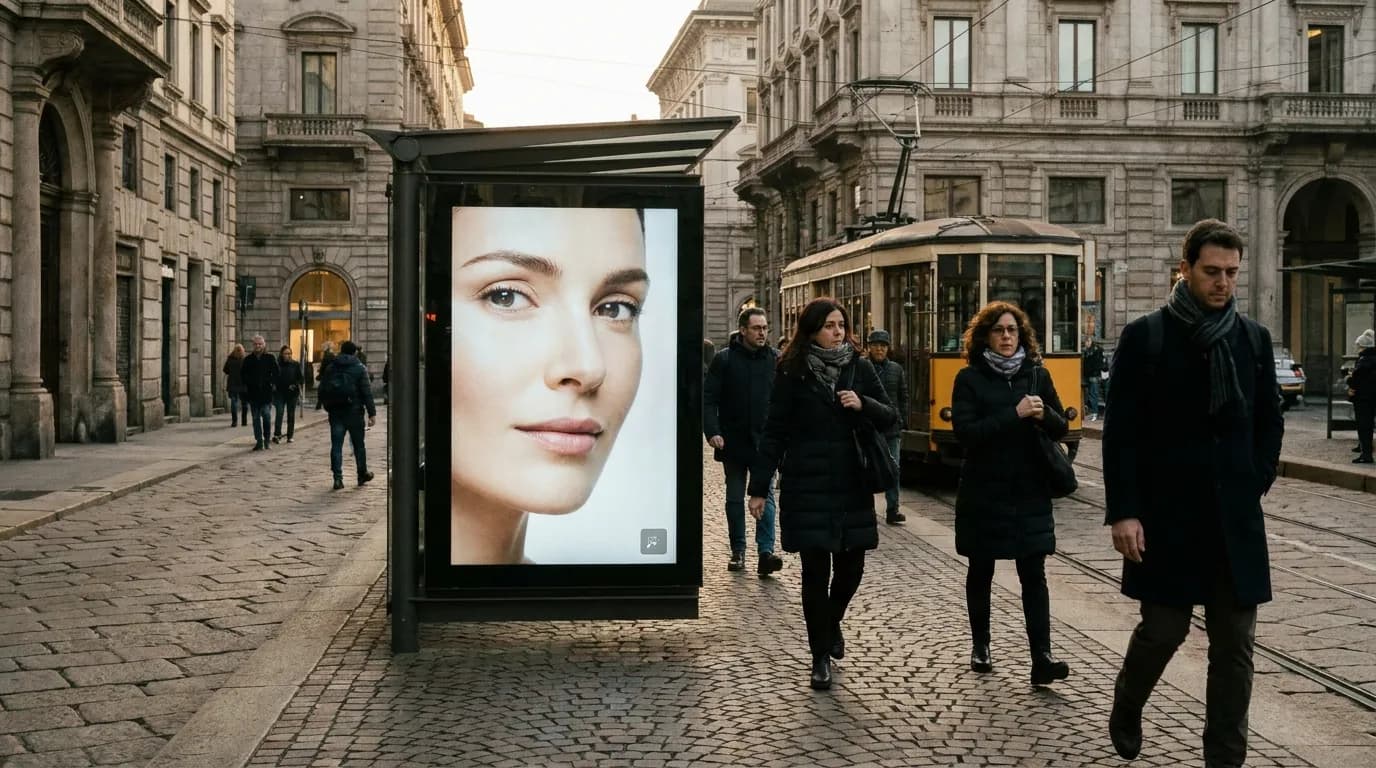 A digital ad screen at a European tram stop with commuters walking past