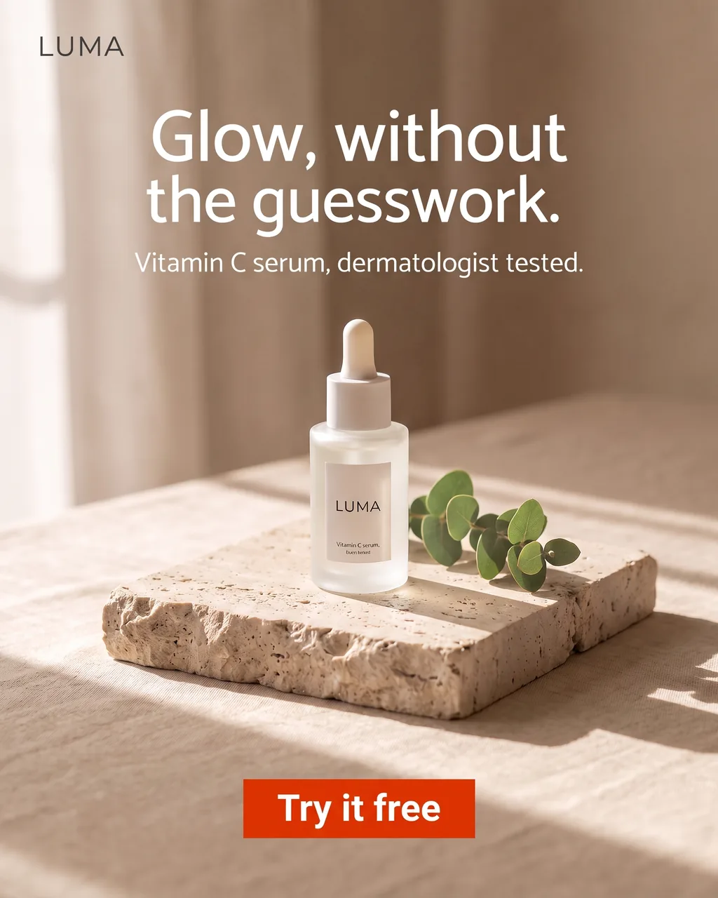 LUMA vitamin C serum ad, version 2: the same ad with a bold, high-contrast Try it free button.