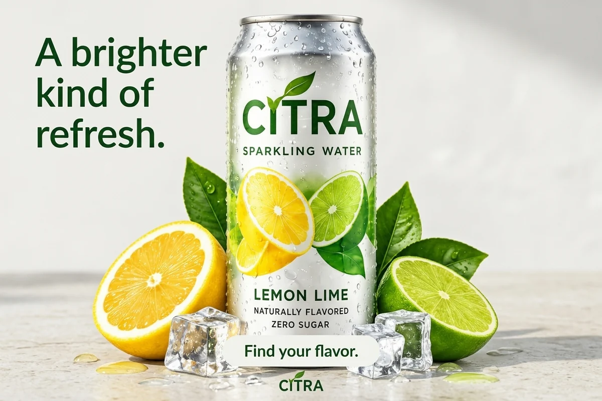 CITRA lemon-lime sparkling water with citrus and ice in daylight, the headline A brighter kind of refresh. and CTA Find your flavor.