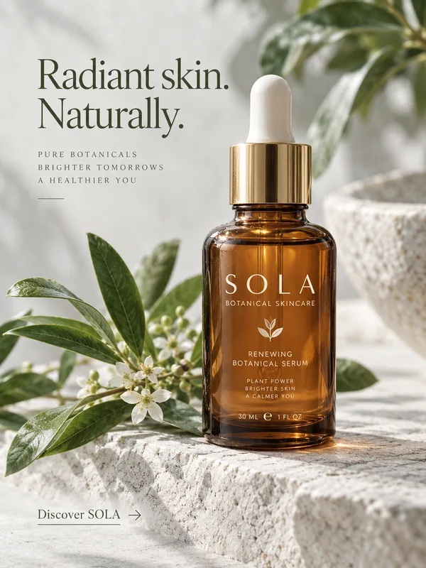 SOLA skincare, an owned fictional campaign with an amber serum bottle.